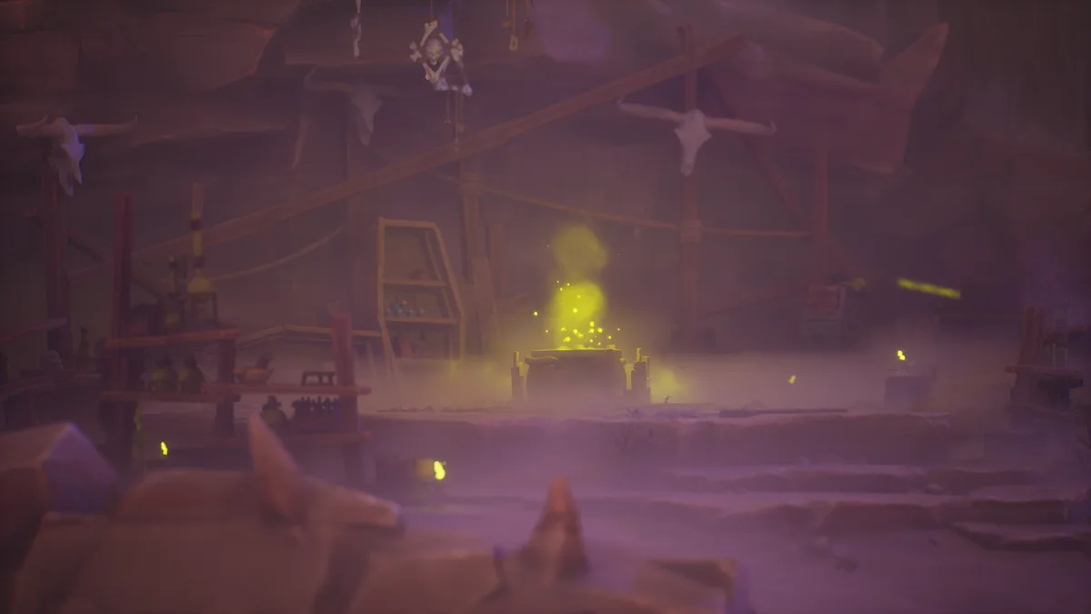 Far Far West lobby cauldron glowing yellow-green in purple fog among wooden scaffolding and hanging skulls