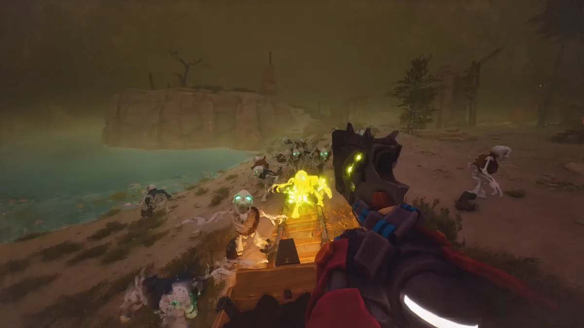 Far Far West first-person combat against a skeletal enemy horde advancing along a coastal path, one enemy glowing yellow with an elemental effect