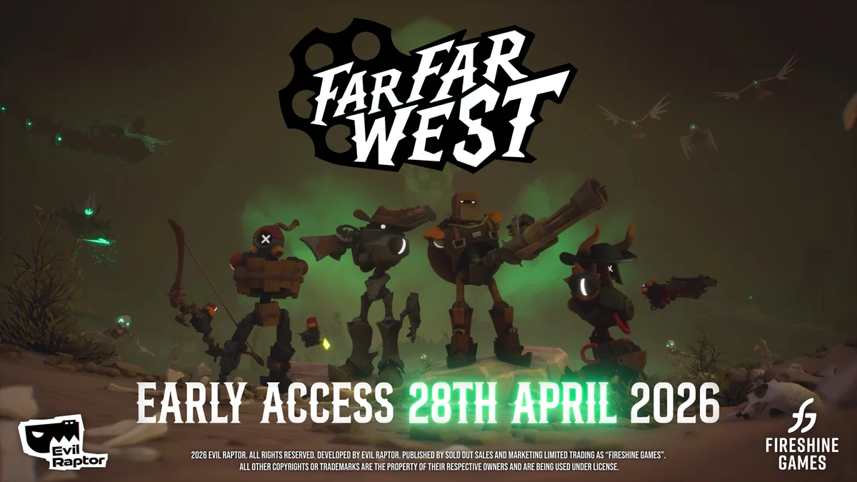 Official Far Far West key art showing the four robot cowboy character models against a green-lit desert backdrop