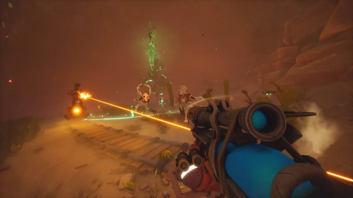 Far Far West portal duplication mid-fight — two Firebeams exiting a portal simultaneously as acid tornadoes form on the ground