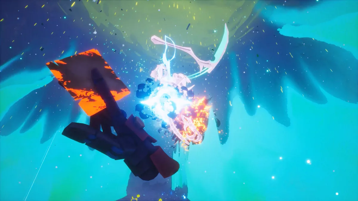 Far Far West boss encounter against a winged, scythe-wielding enemy, ice and fire elemental effects colliding mid-fight in an icy aerial arena
