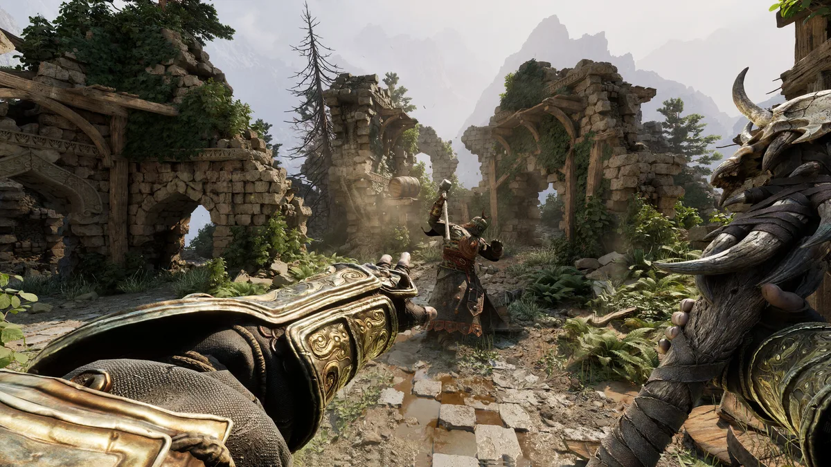 Fatekeeper outdoor combat in overgrown stone ruins, first-person greatsword raised toward an armored enemy across ruined stonework