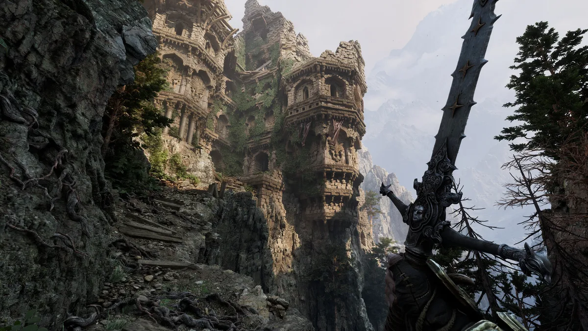 Fatekeeper first-person view of a massive ancient temple complex built into a cliff face, mountains visible in the background