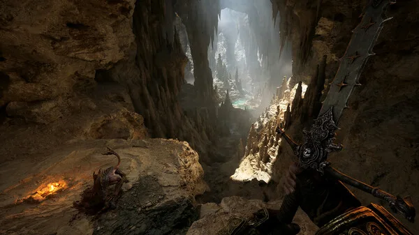 First-person dungeon corridor view with stone enemy mid-combat and Fatekeeper archetype ring HUD at bottom of screen