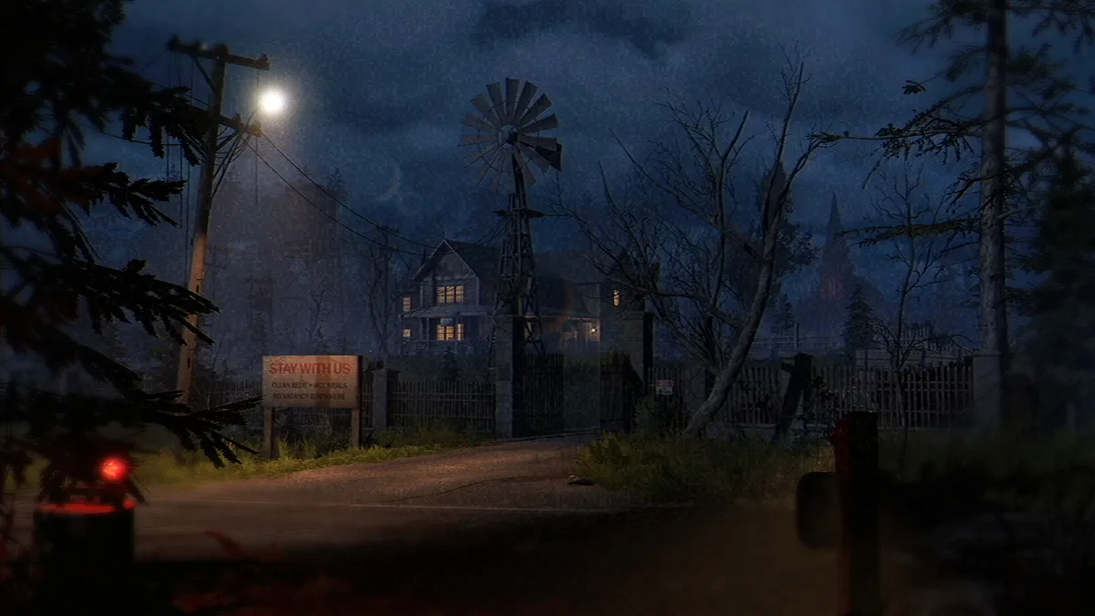 Fears to Fathom Scratch Creek outdoor nighttime scene showing a small-town street with parked cars and faint orange light from a nearby building