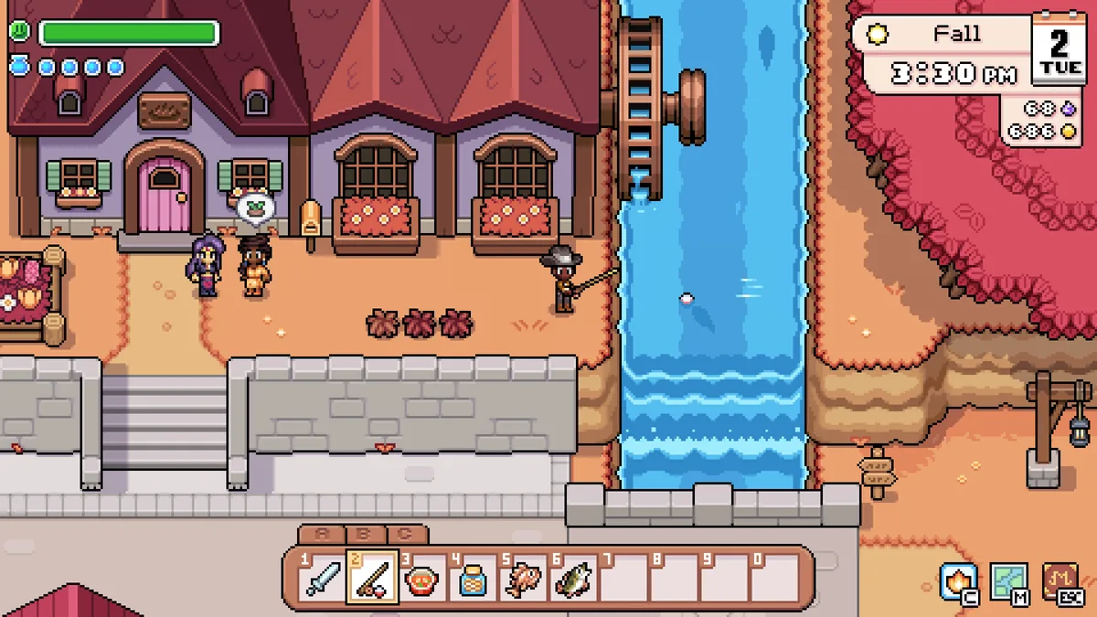 Player fishing at a riverbank beside town buildings on a Fall afternoon, with a catch bobber visible in the water