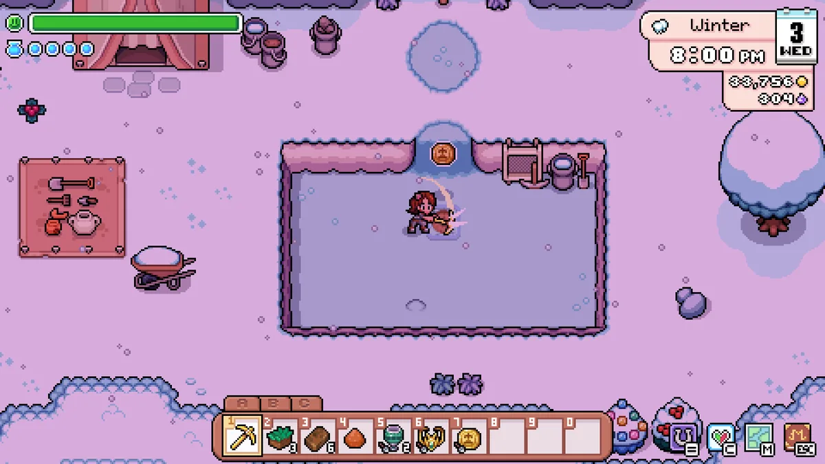 Player swinging a tool inside a fenced icy pond area during Winter, with a tool-icon signpost and wheelbarrow nearby
