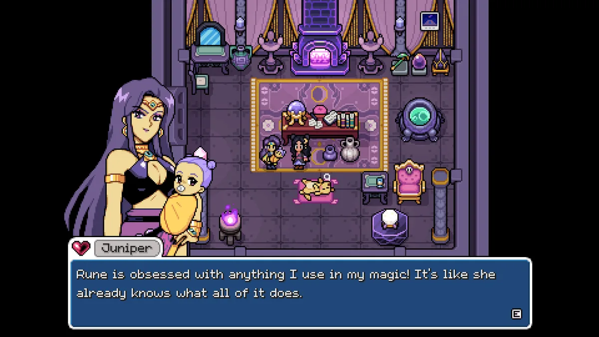 Juniper cradles a small character named Rune inside her violet-toned magic sanctum, a crystal ball and spellbook-lined shelf visible behind her