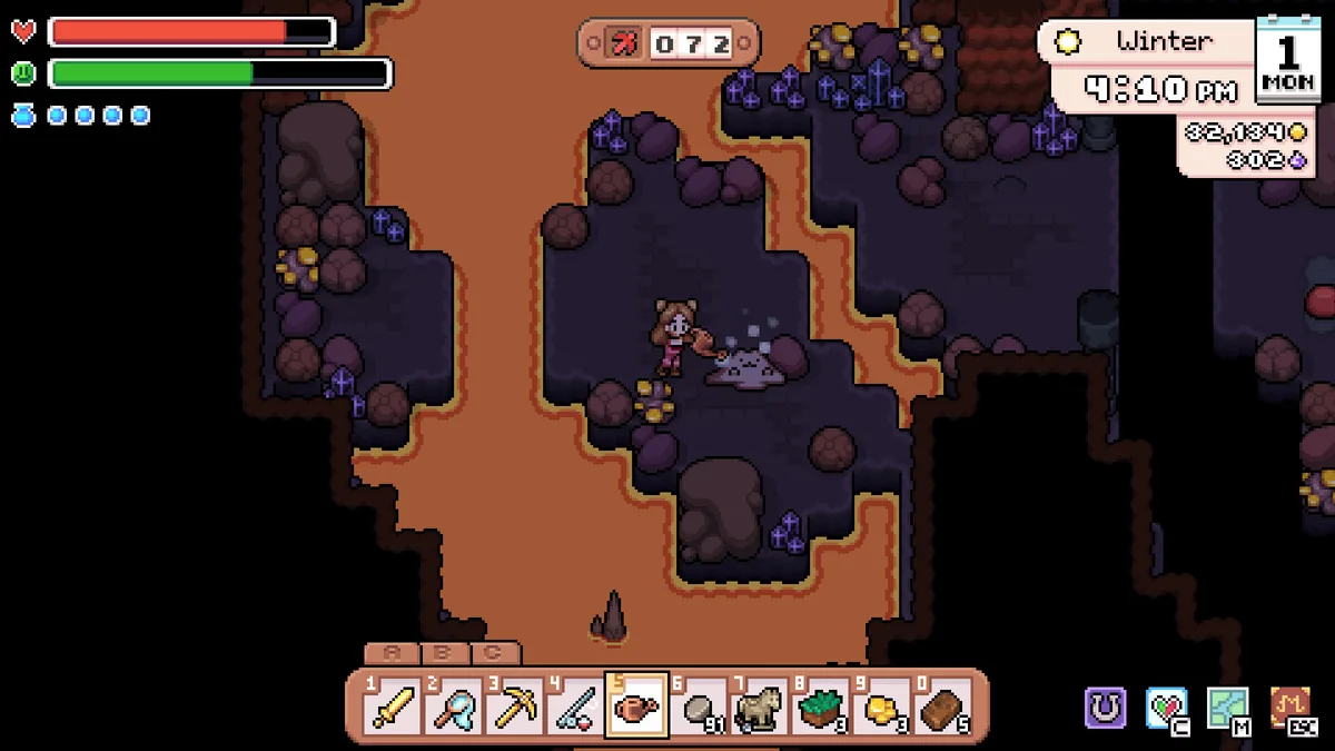 The player mining a glowing crystal node on Mines floor 72, purple gem clusters lining the dark stone walls