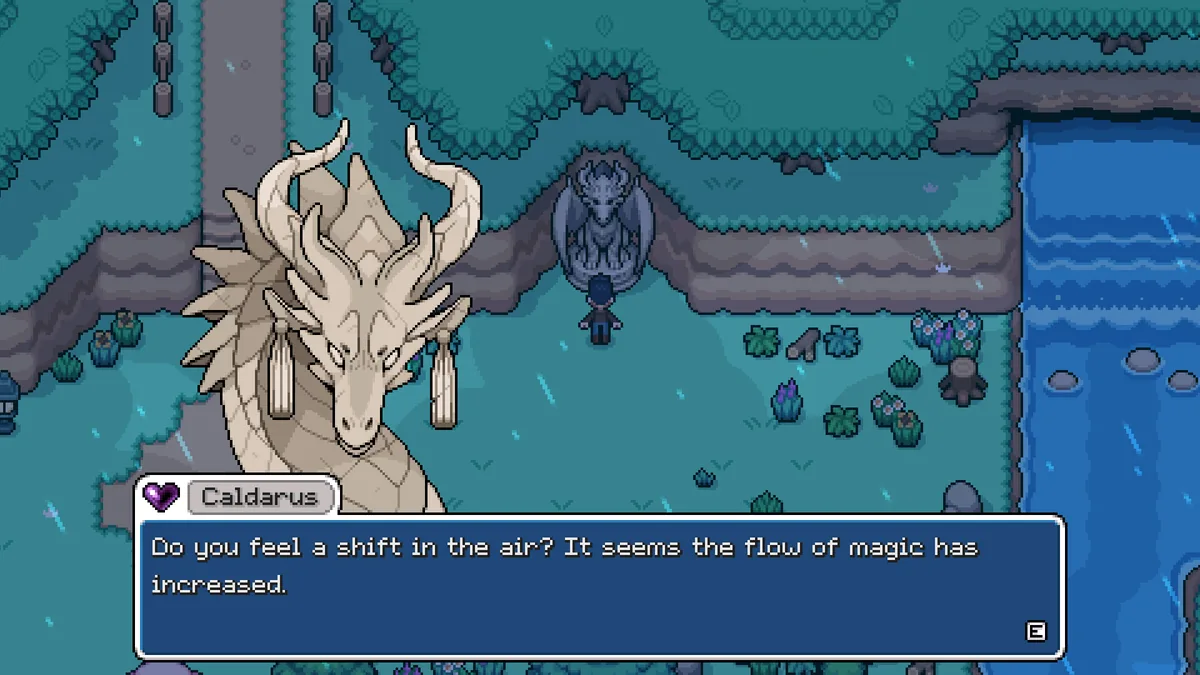 Caldarus, a large cream-colored dragon with curling horns, speaking to the player beside a stone dragon guardian statue in a rain-slicked cave chamber