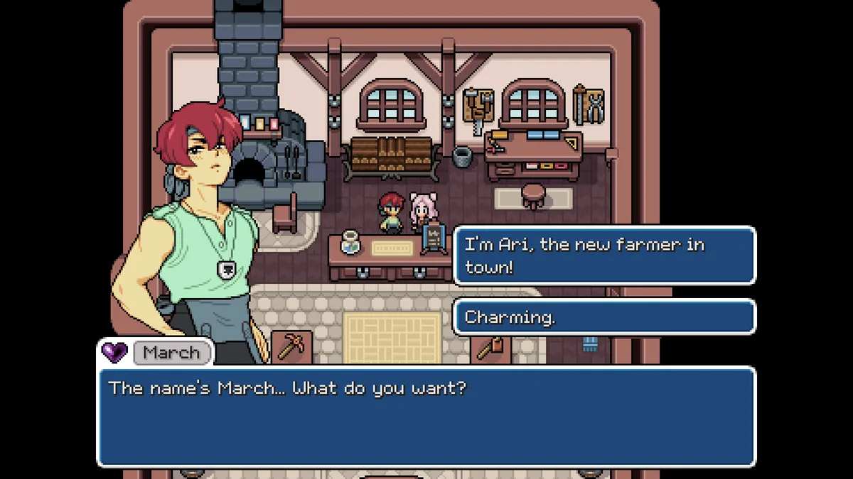 March standing beside a lit furnace and anvil inside the Forge workshop, mid-dialogue with the player character