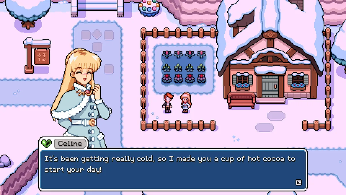 Celine in a fur-trimmed winter coat gifts the player hot cocoa, with the relationship heart icon visible beside her name