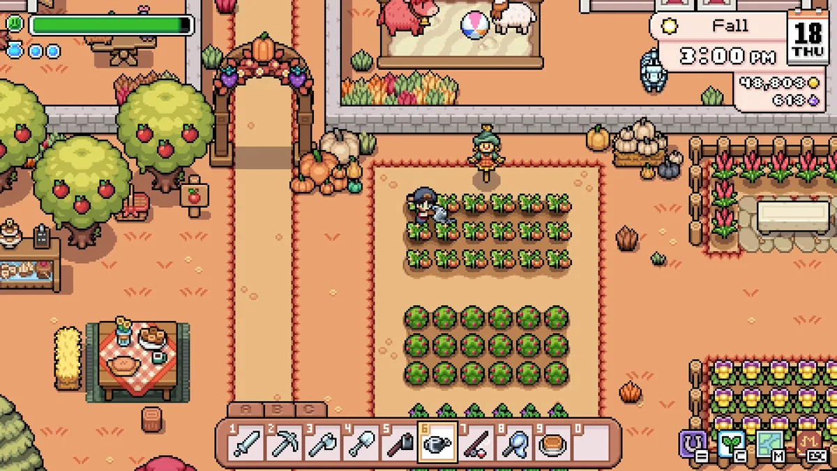 Farmer harvesting rows of pumpkins and carrots inside a fenced Fall garden plot, with apple trees, a sheep-and-pig pen, and a decorated harvest archway visible nearby