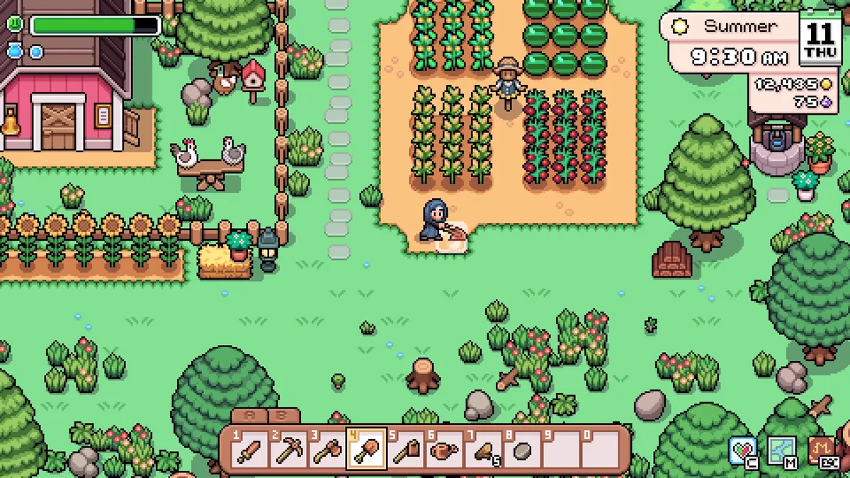 Farmer character mid-watering a fully grown plot of corn, watermelon, and tomato crops under a Summer HUD label on a sunny Thursday morning