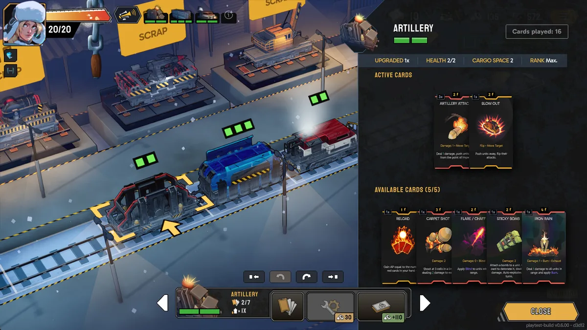 Fogpiercer carriage management screen for the Artillery car, showing active and available attack cards like Artillery Attack, Iron Rain, and Sticky Bomb