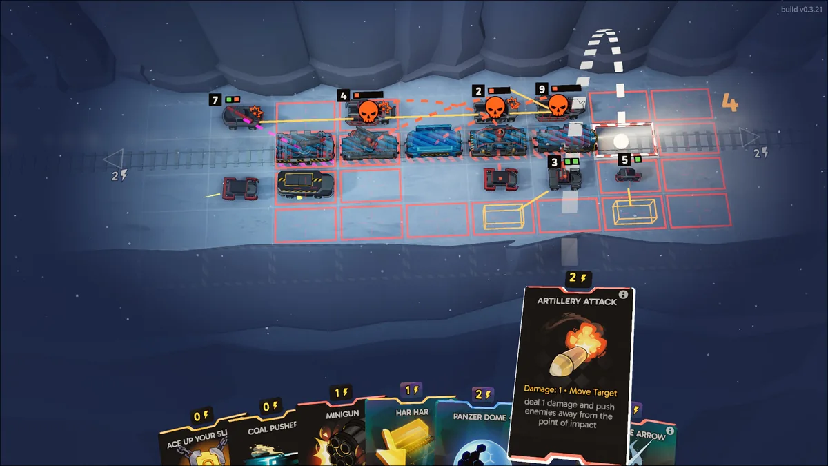 Fogpiercer combat screen showing train carriages arranged in a grid facing three enemy convoys marked with skull icons, with a hand of attack cards below