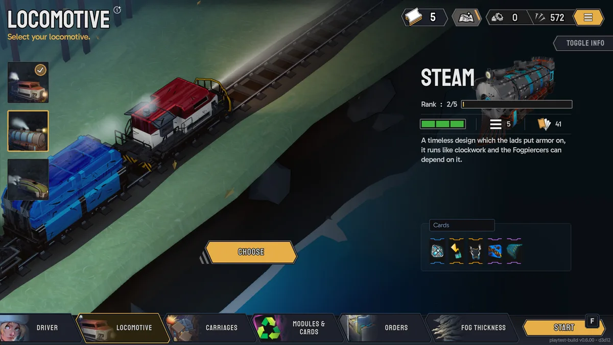 Fogpiercer locomotive selection screen showing the Steam engine's rank, deck cards, and upgrade tabs for driver and carriages