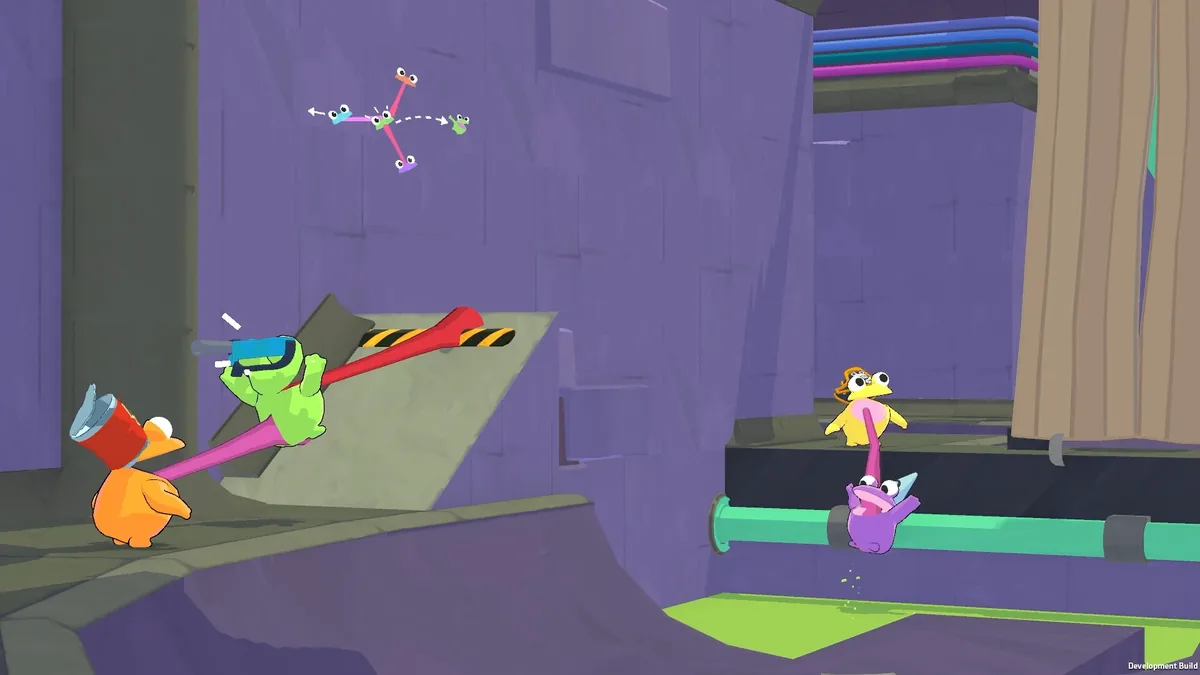 Frog Sqwad frogs using pink tongues to swing and launch off a ramp in a purple sewer with pipes, one frog catapulting through the air
