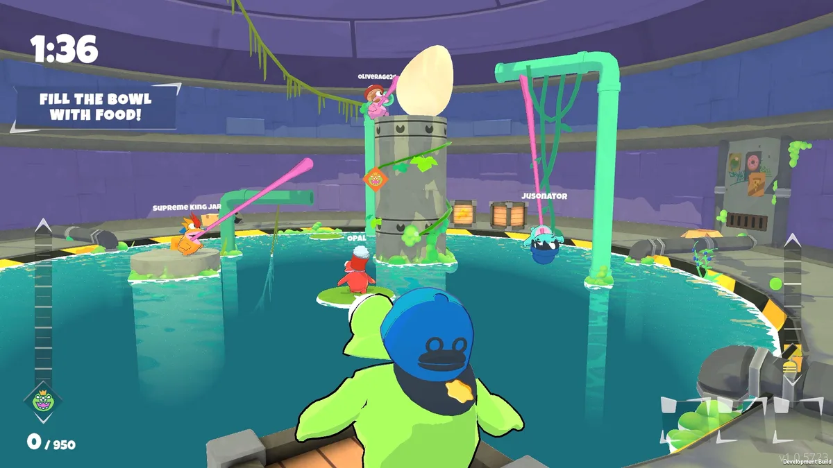 Multiple frogs with visible pink and green tongue lines connecting to each other and a central object in a sewer arena
