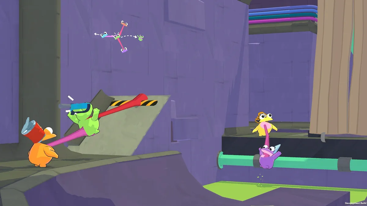 Four brightly colored frogs using sticky tongues to swing from a ramp in a purple sewer, with a tongue-chain diagram visible in the upper left corner