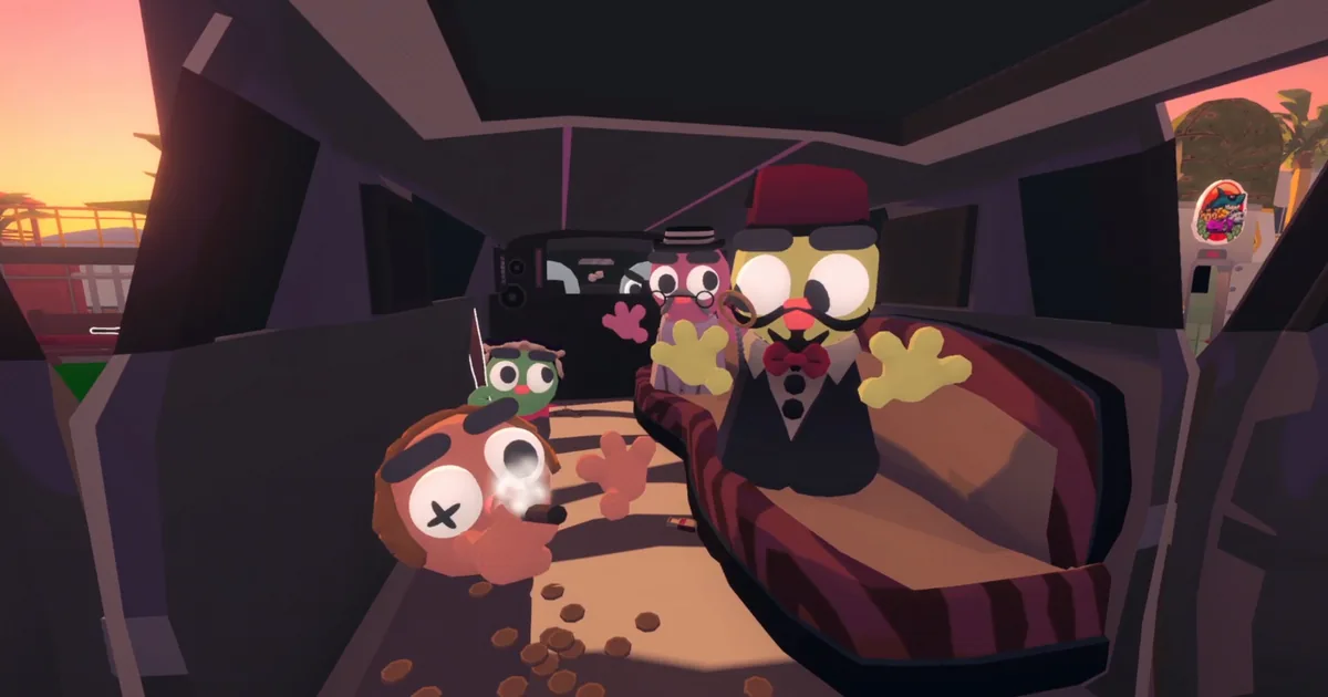 Four blob casino characters in tuxedos and a fez hat sitting inside a limousine at sunset with poker chips scattered on the floor
