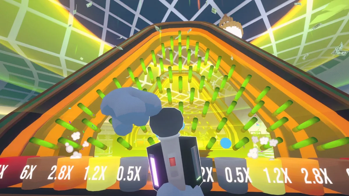 First-person view of a Plinko-style multiplier wall showing 6X, 2.8X, 1.2X, and 0.5X payout slots with dollar bills raining from the ceiling