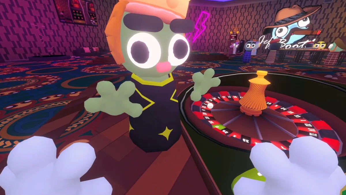 A green-eyed casino character with hands raised beside a spinning roulette wheel, other characters visible in the background of a purple-carpeted casino floor