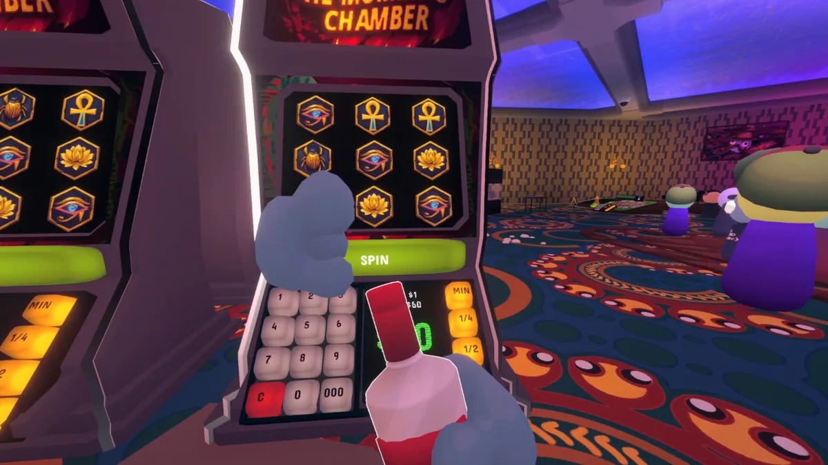 Gamble With Your Friends slot machine interface with a spin button and casino floor visible behind it