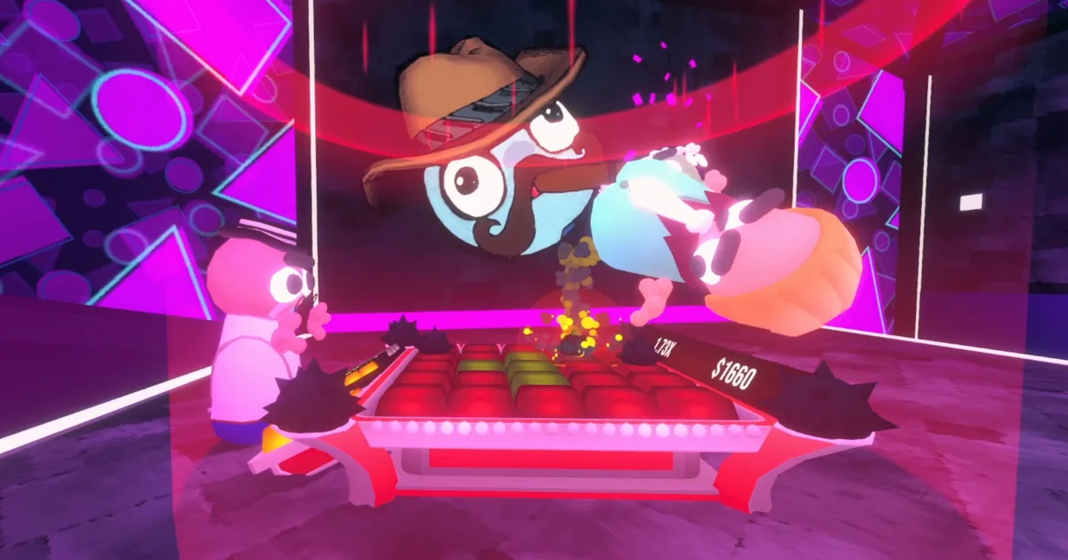 Gamble With Your Friends characters and roulette table on a neon casino floor
