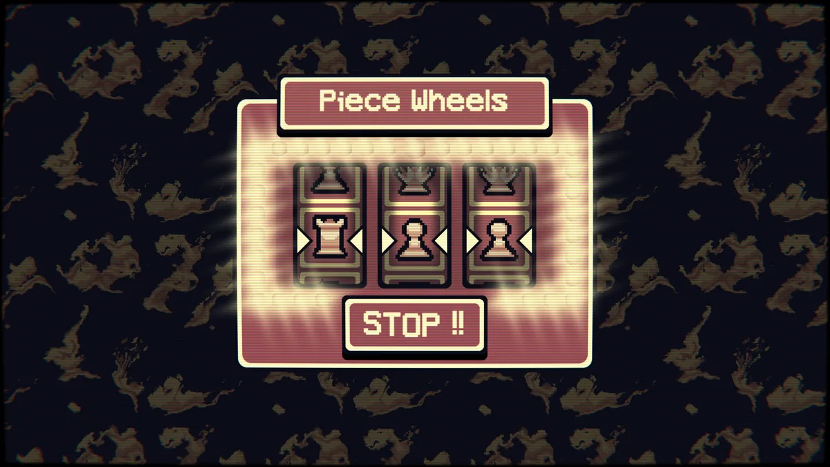 Gambonanza Piece Wheels slot machine screen showing three reels with chess piece icons and a STOP button on dark background