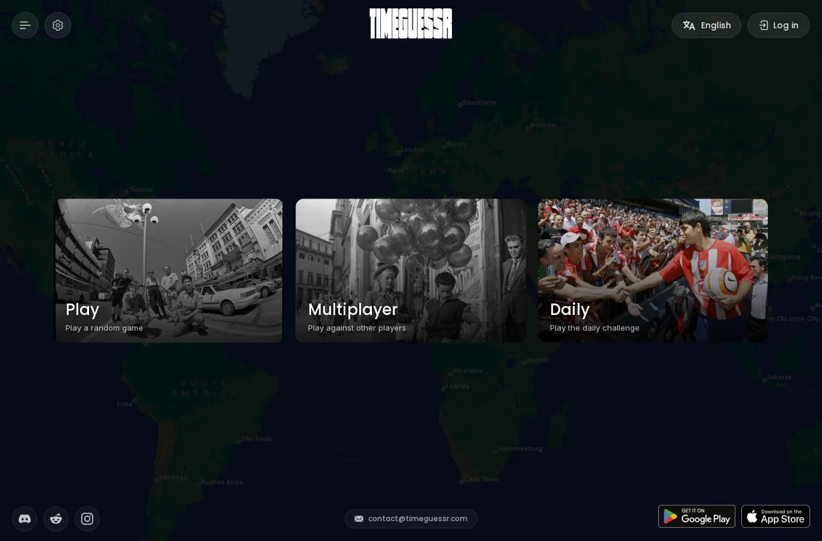 TimeGuessr home page with three black and white photo tiles labelled Play, Multiplayer and Daily