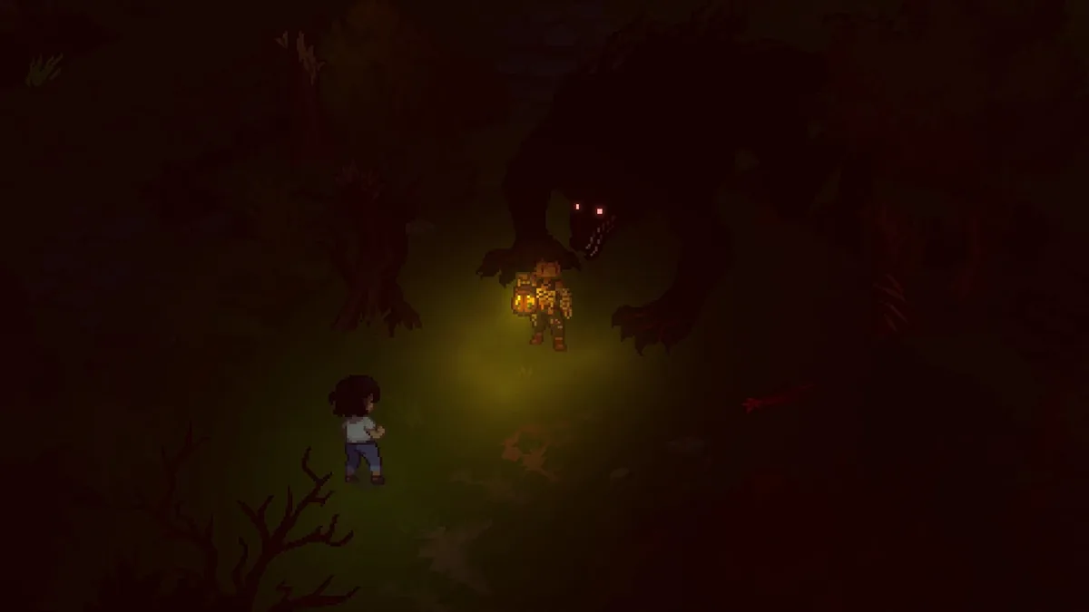 Grave Seasons dark forest scene where a small child watches a huge shadowy creature with glowing red eyes looming over a lantern-lit figure