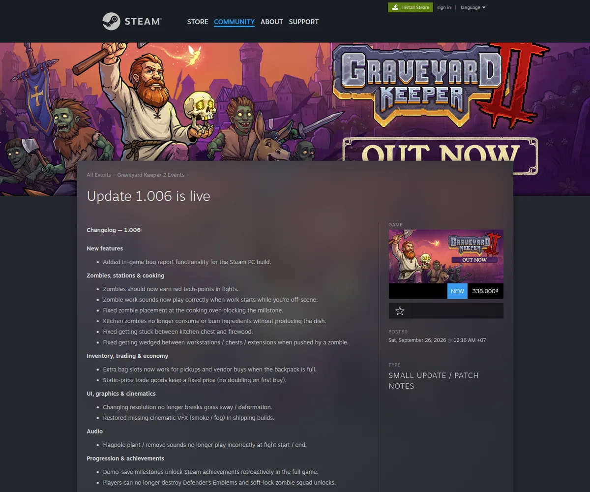 Steam Update 1.006 page showing retroactive demo-save achievements and the Defender's Emblems fix