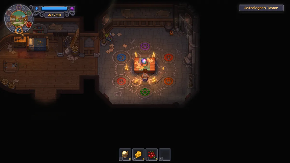 Grand Inquisitor standing at a glowing research table inside the Astrologer's Tower