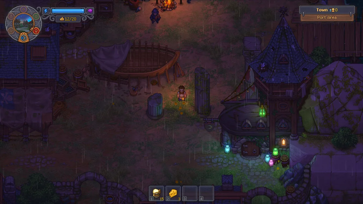 Rainy Port Area at night with a boat frame, lanterns, colorful bottles, and restored Town buildings