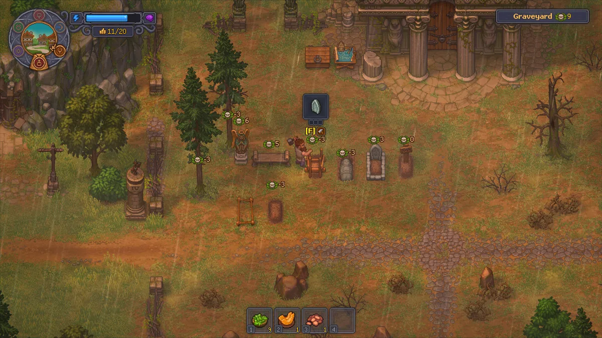 Graveyard work area with skull ratings above graves, a workbench, and the Keeper sorting remains
