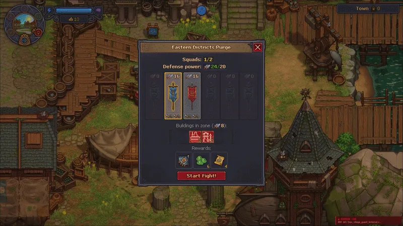 Graveyard Keeper 2 battle start panel showing Eastern Districts Purge, squads, defense power, and reward icons