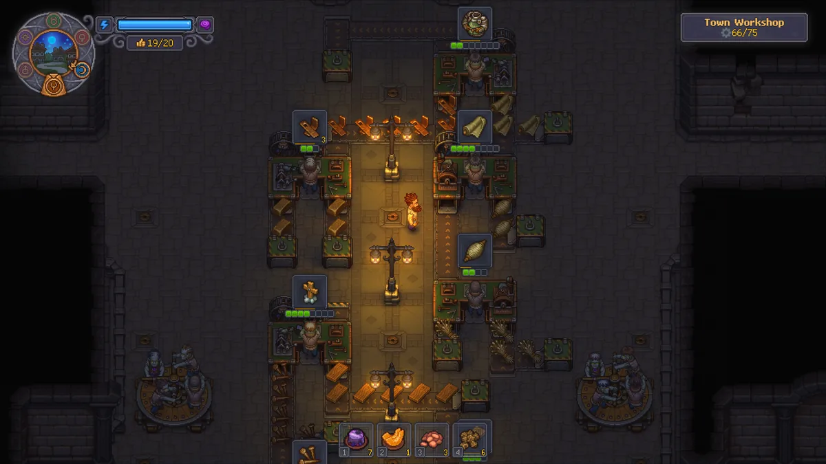 Graveyard Keeper 2 Town Workshop with conveyor belts, machines, inputs, outputs, and zombie workers