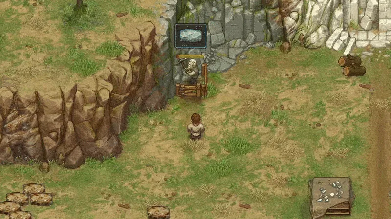 A zombie worker stands at a quarry station in a rocky yard while the player character walks past a log pile and a stone heap