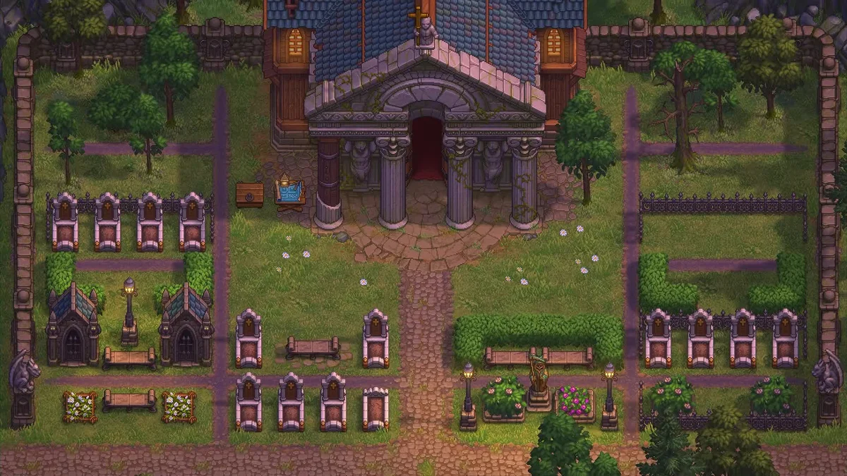 An upgraded graveyard with ornate pink headstones, crypts and flower beds in front of a blue-roofed church