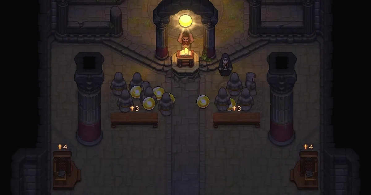 Church interior during a sermon, the preacher at a glowing altar under an arch and hooded parishioners gathered by the benches as gold orbs float up