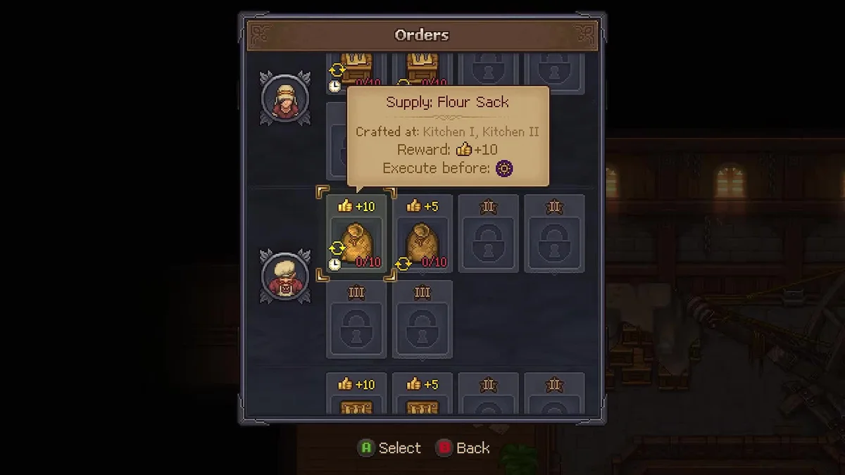 The Orders board with a Supply: Flour Sack order showing a +10 reward, crafted at Kitchen I or Kitchen II