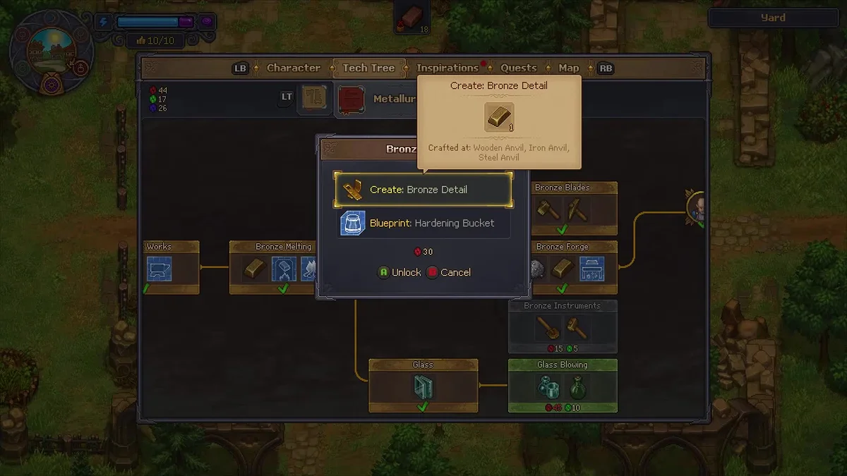 The Tech Tree's Metallurgy tab with a Create: Bronze Detail unlock window costing 30 red tech points