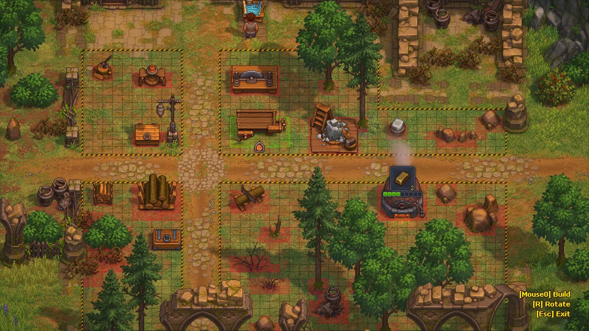 Graveyard Keeper 2 outdoor building layout with placement grid and workshop stations