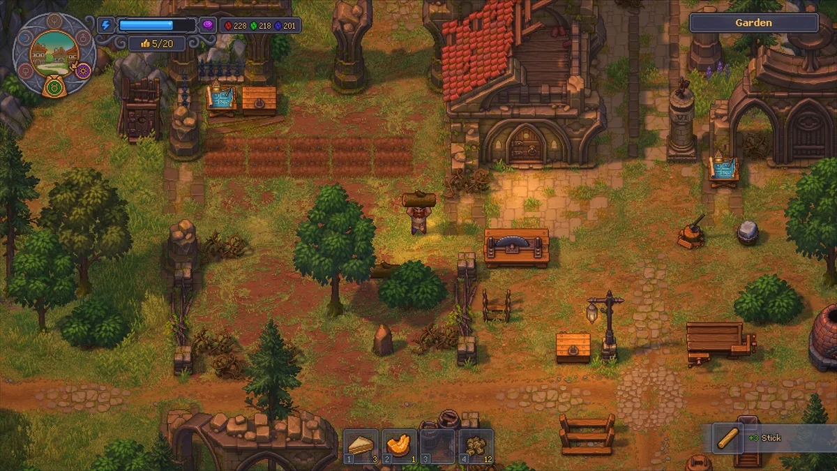 Garden workshop with crop plots, workstations, and storage visible in Graveyard Keeper 2