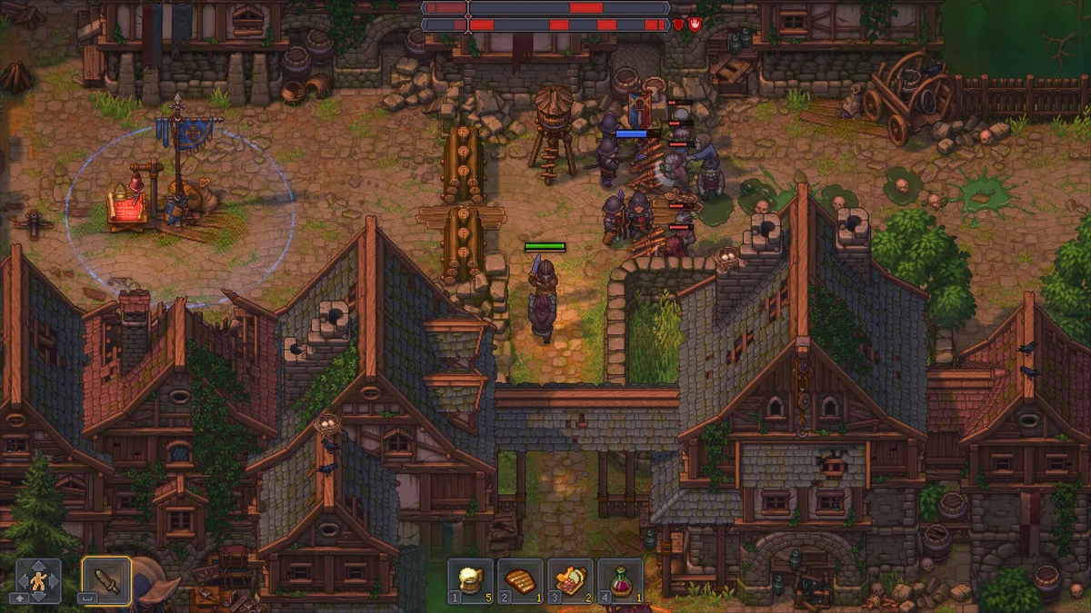 Graveyard Keeper 2 Town battle with a blue banner, barricades, rooftops, and enemies pressing through the streets