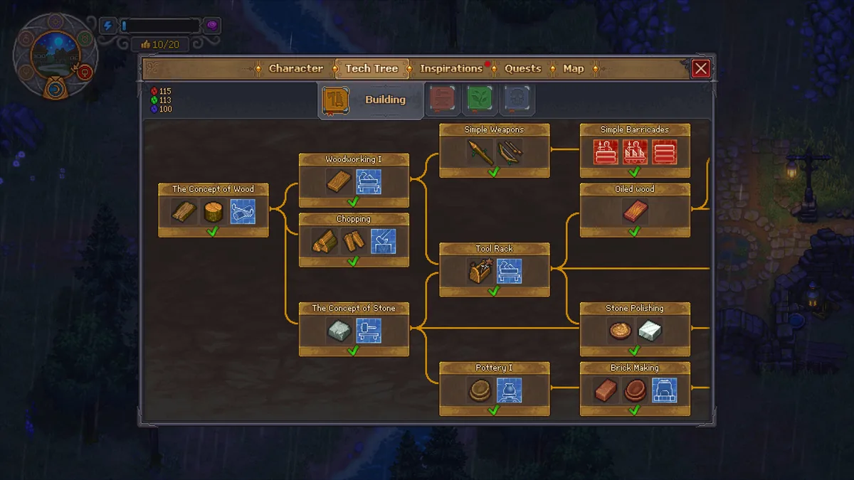 Graveyard Keeper 2 technology tree showing woodworking, chopping, tool racks, pottery, and brick-making research