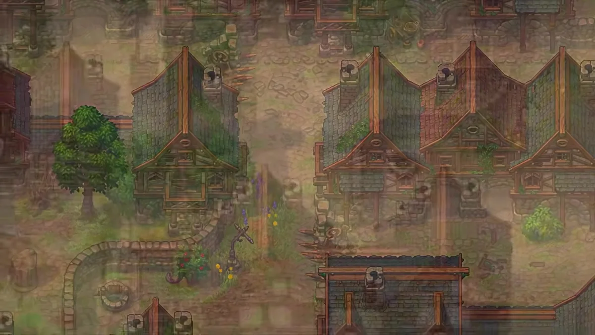 Graveyard Keeper 2 Town restoration menu showing Vegetable Stand, Tailor, Furniture Maker, and Alchemist material requirements