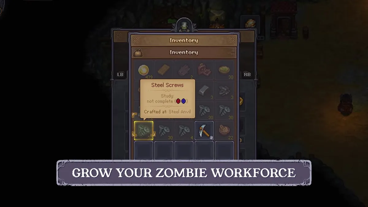 Graveyard Keeper 2 inventory showing Steel Screws with a crafted-at Steel Anvil tooltip