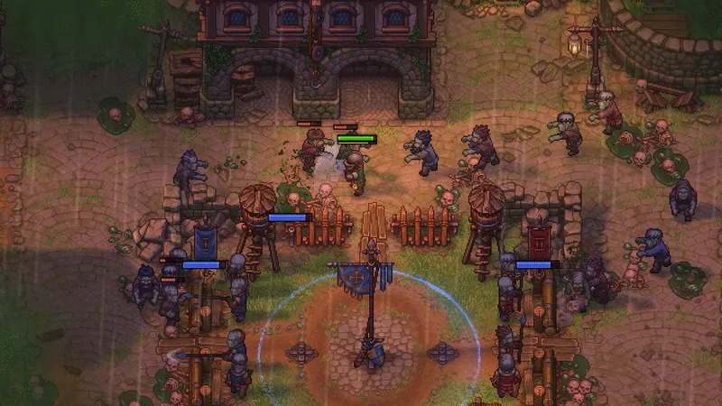 Graveyard Keeper 2 street battle with zombie squads, a blue banner, and Town fortifications